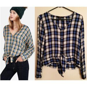 𝅺Express plaid blue wrap tie waist front shirt top XS/S boxy relaxed fit.